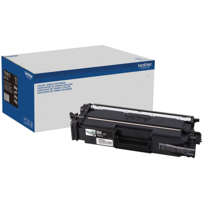 Brother TN810BK black toner cartridge and retail packaging showing product details