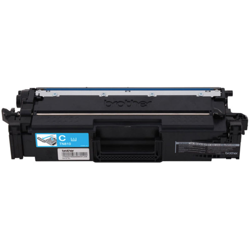 Brother TN810C genuine cyan toner cartridge showing front view with blue label indicator