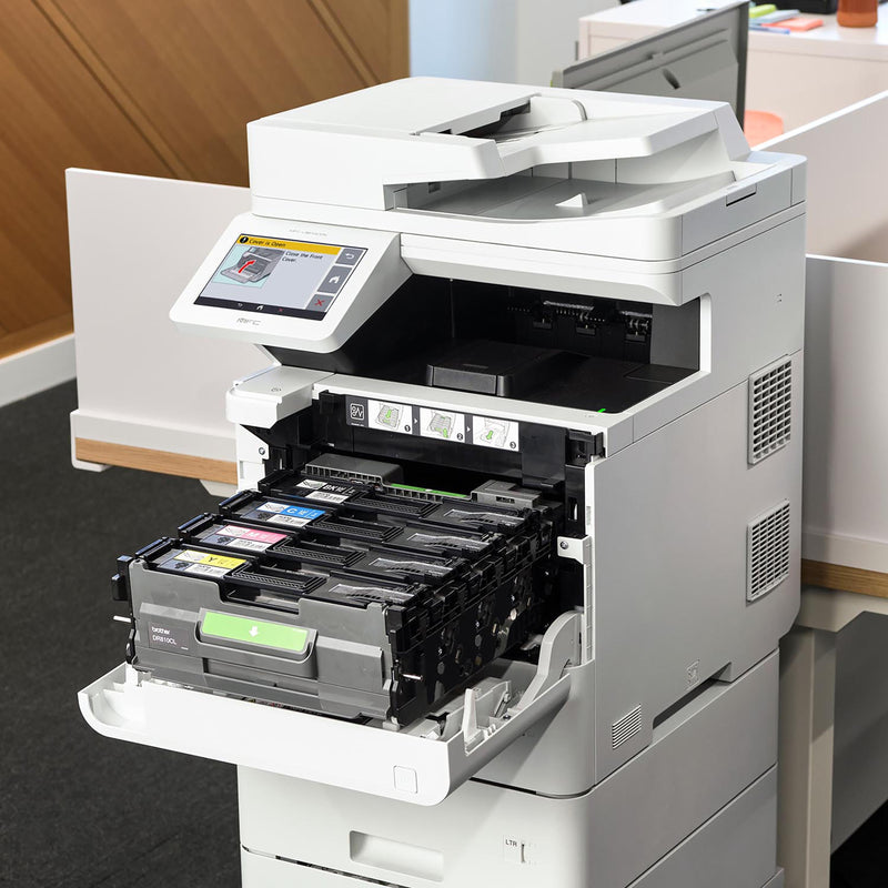 Brother printer with open toner compartment showing multiple cartridge installation