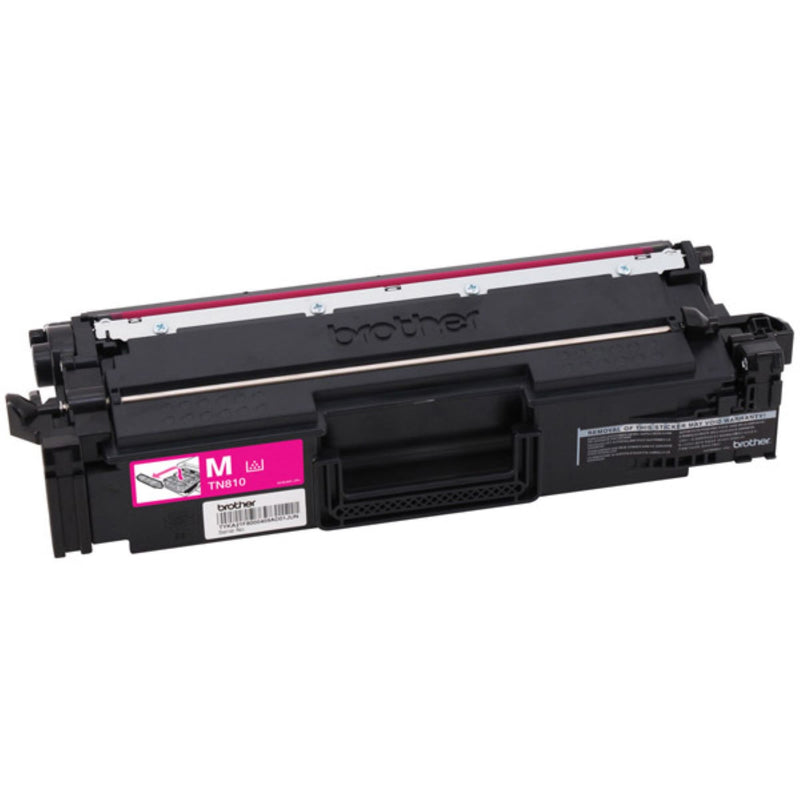 Close-up view of Brother TN810M magenta toner cartridge showing build quality and design