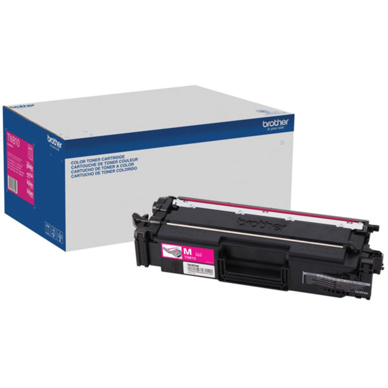 Brother TN810M magenta toner cartridge shown with retail packaging and cartridge unit