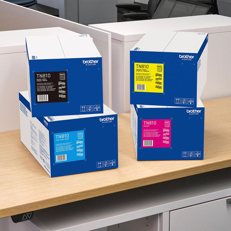 Display of multiple Brother TN810 series toner cartridges showing color options