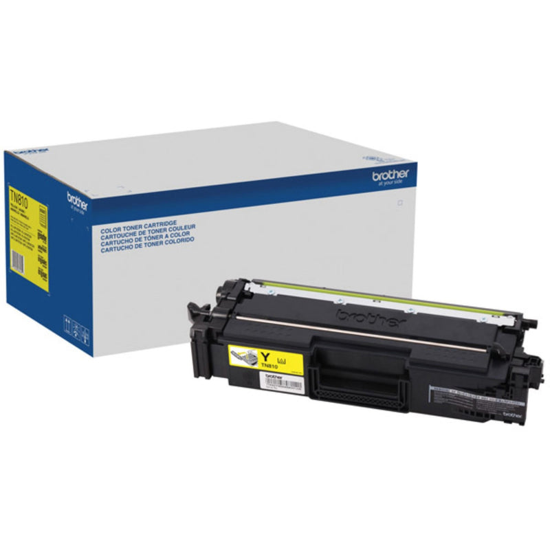 Brother TN810Y yellow toner cartridge shown with retail packaging and cartridge unit