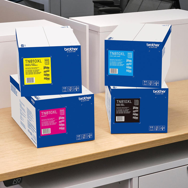 Collection of Brother TN810XL series toner cartridges showing complete color set