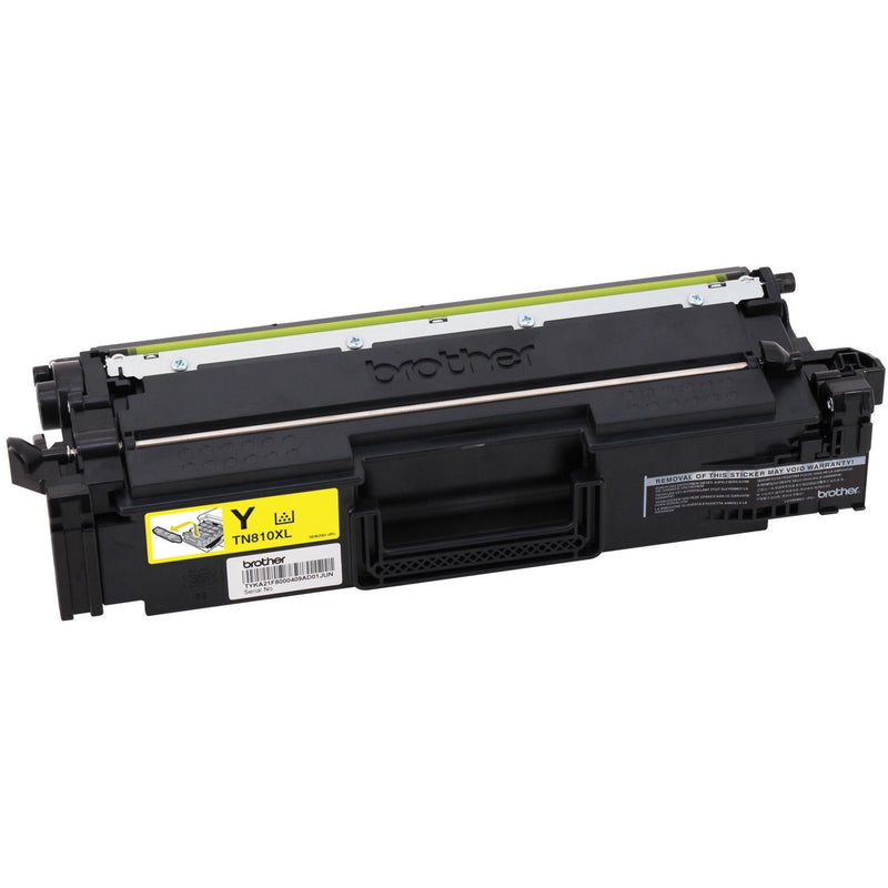 Detailed view of Brother TN810XLY yellow toner cartridge showing construction quality