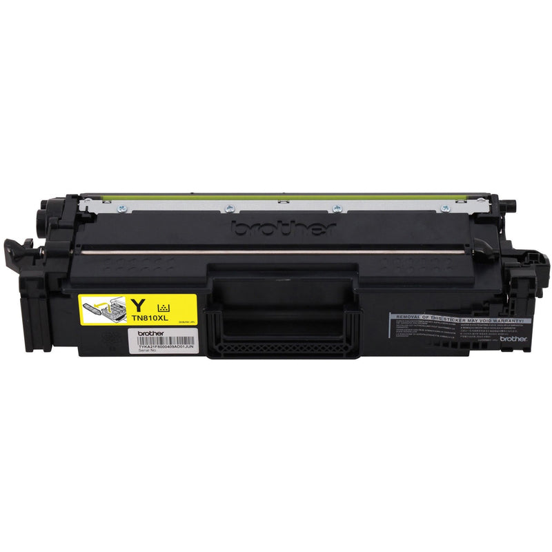 Front view of Brother TN810XLY toner cartridge emphasizing capacity