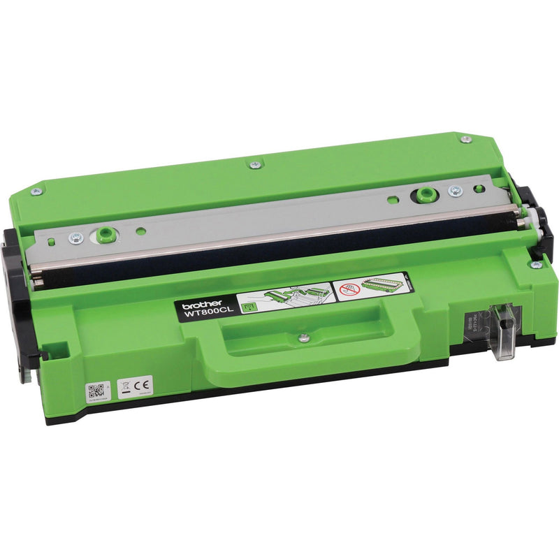 Brother WT800CL waste toner unit in bright green housing with silver collection bar and installation guide indicators