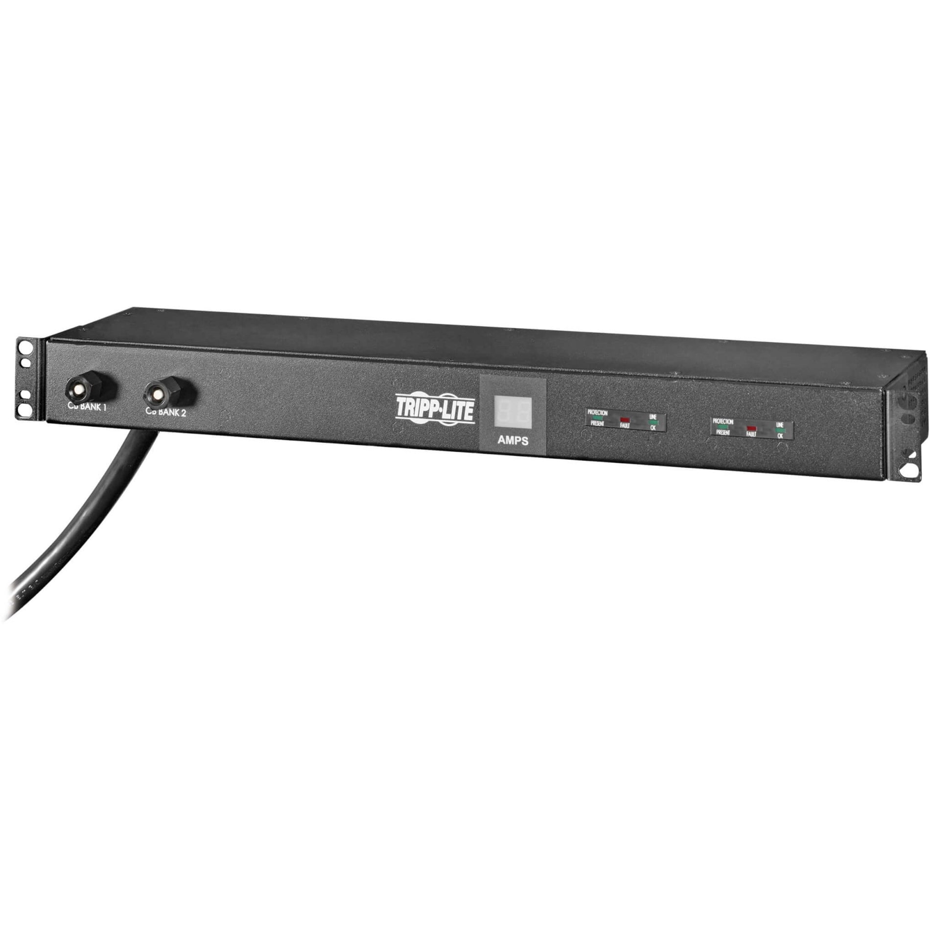 Front view of Tripp Lite PDUMH30-ISO PDU showing digital amp meter display and dual circuit breakers-alternate-image1