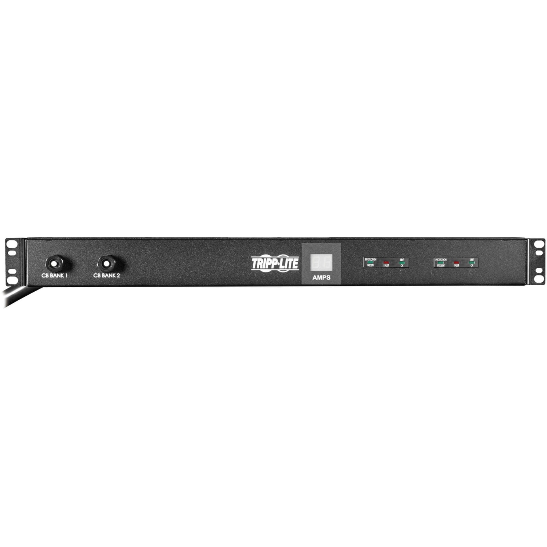 Horizontal view of Tripp Lite PDU showing 1U rack mount design with monitoring display-alternate-image2