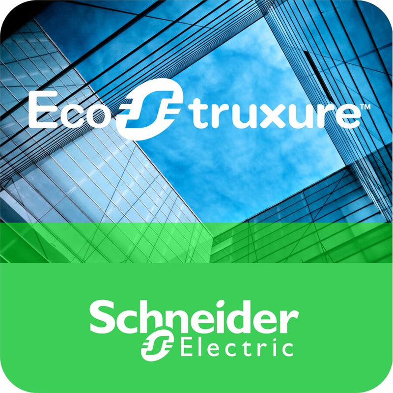 EcoStruxure and Schneider Electric logos against modern architectural background with blue sky and glass building facade