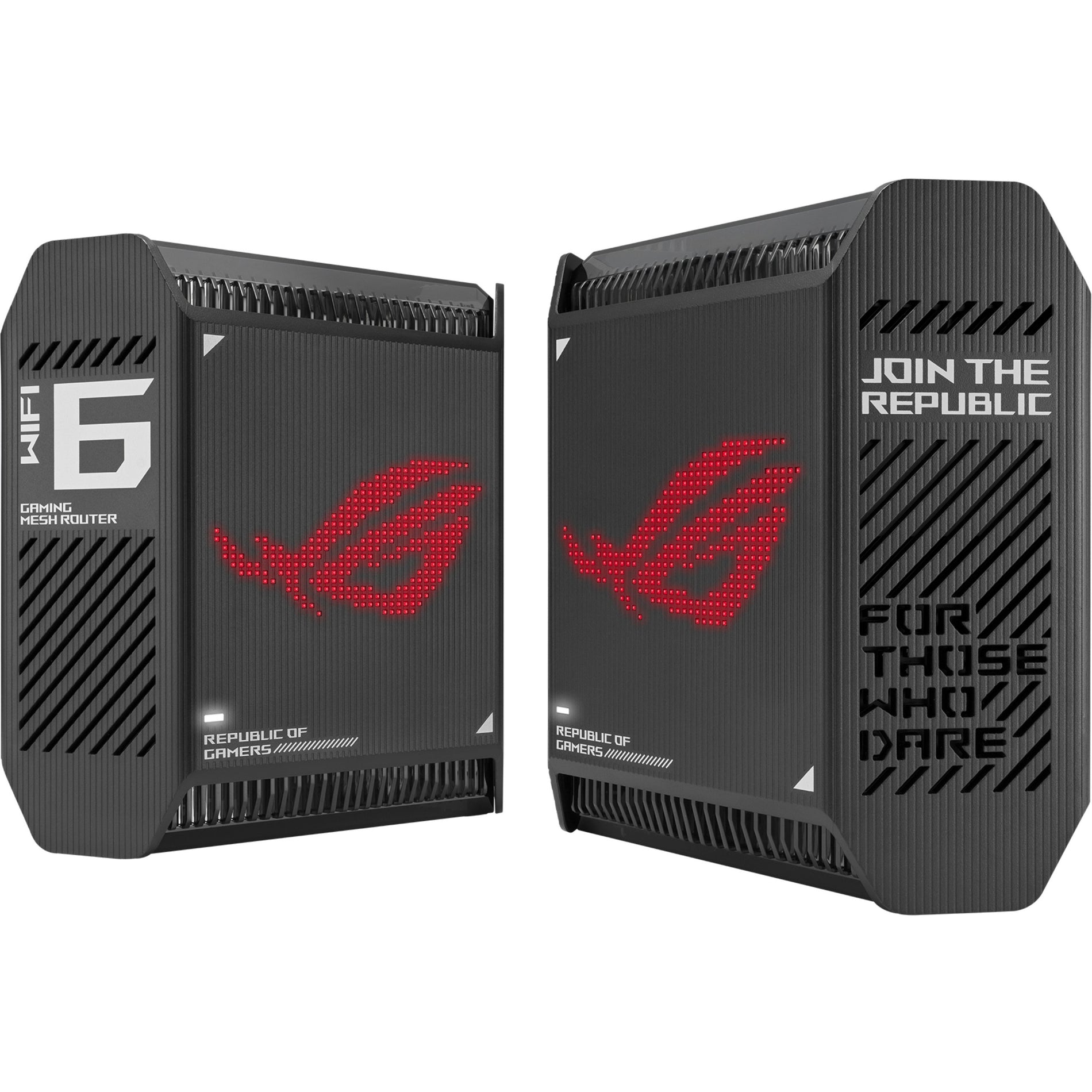 Two ASUS ROG GT6 gaming mesh routers with illuminated red ROG eye logos on black angular chassis-alternate-image1