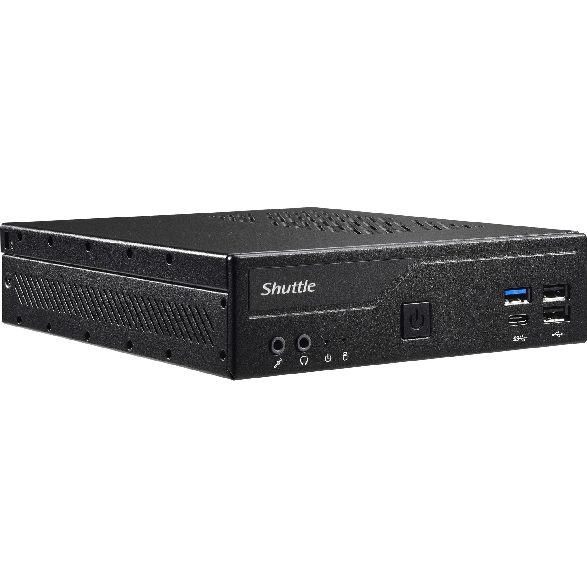 Front angled view of Shuttle DH610 XPC slim barebone system showing front panel ports and ventilation-alternate-image1