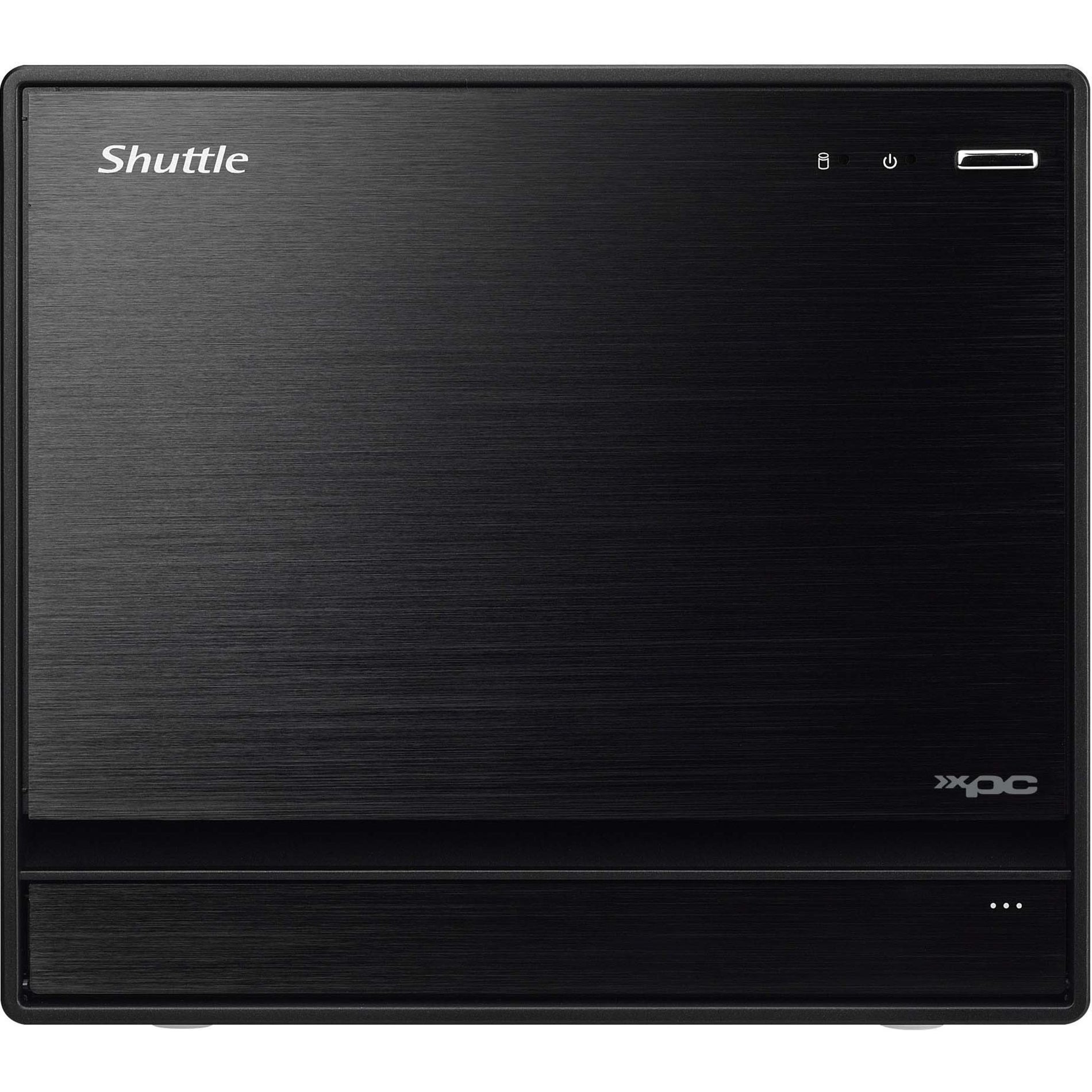 Front view of Shuttle SW580R8 XPC cube showing black aluminum finish with Shuttle logo-alternate-image1