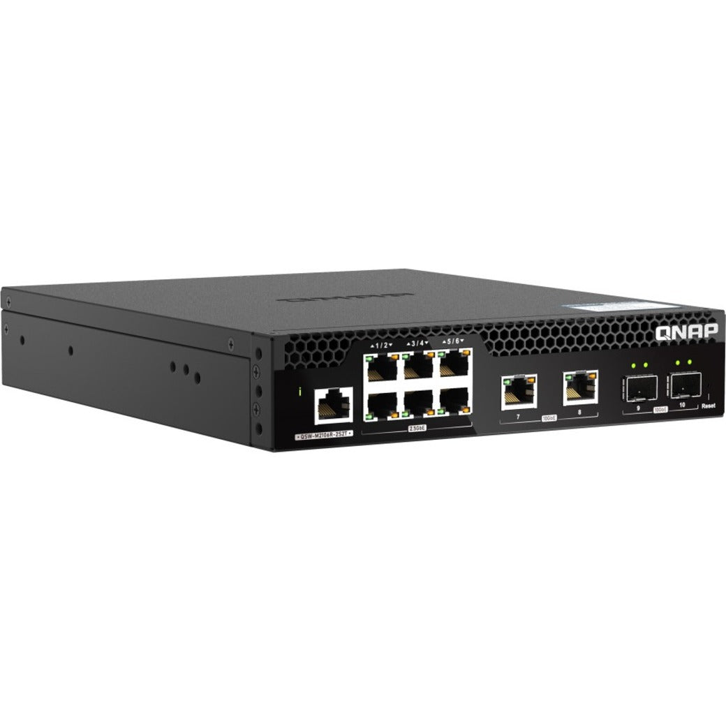 Front view of QNAP QSW-M2106R-2S2T network switch showing multiple ethernet ports and LED indicators-alternate-image1