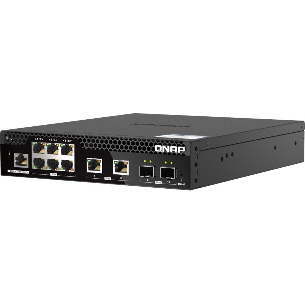 Side angle view of QNAP QSW-M2106R-2S2T switch highlighting compact design and ventilation pattern-alternate-image2