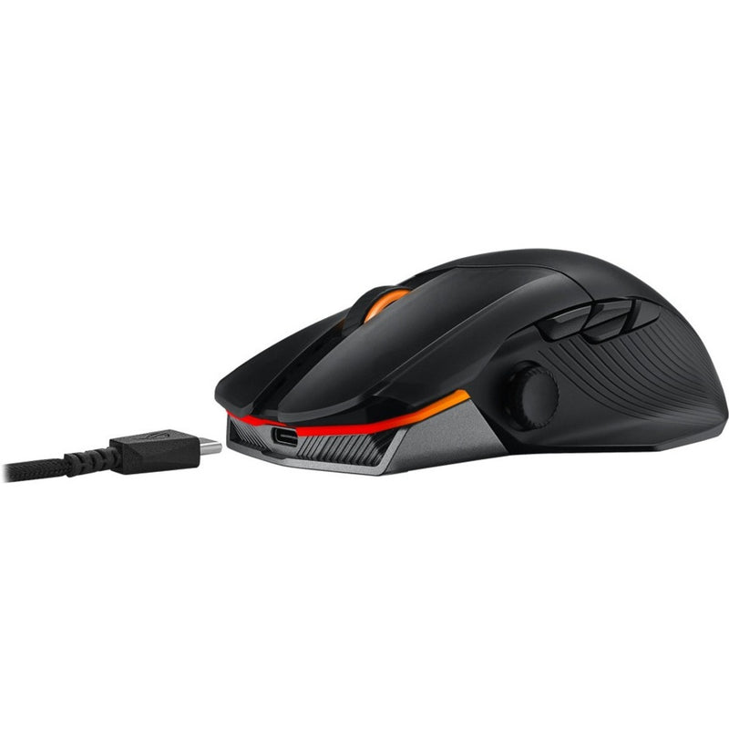 Asus ROG Chakram X Origin gaming mouse with USB-C charging cable connected