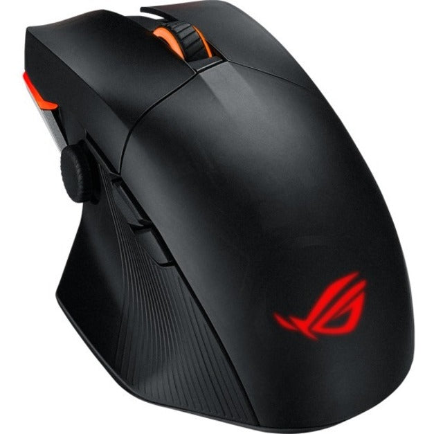 Rear angle view of Asus ROG Chakram X Origin gaming mouse showing ergonomic design and illuminated ROG logo