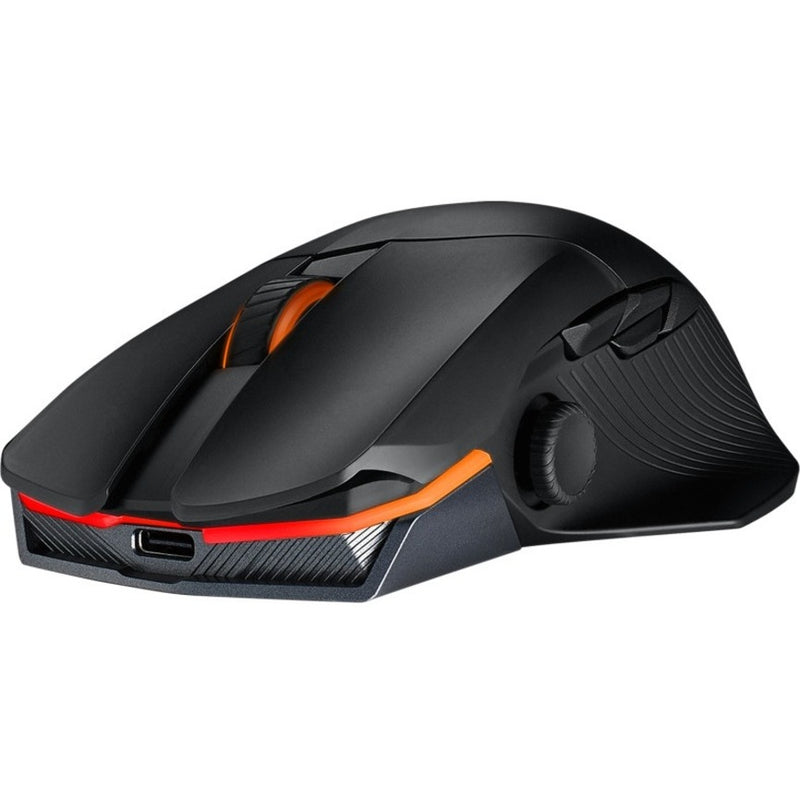 Side view of Asus ROG Chakram X Origin gaming mouse showing ergonomic design with orange accents and red LED lighting