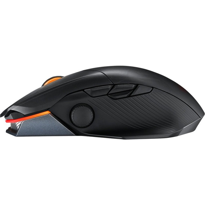 Side profile view of Asus ROG Chakram X Origin gaming mouse displaying ergonomic curves and button layout