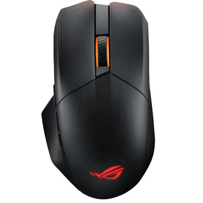 Top view of Asus ROG Chakram X Origin gaming mouse showing illuminated ROG logo and sleek design