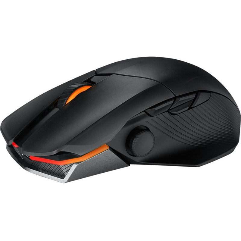 Angular view of Asus ROG Chakram X Origin gaming mouse highlighting its aggressive design and orange accent details