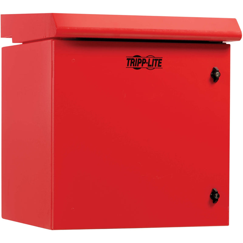 Front view of Tripp Lite SRN3RR12U red wall-mount rack enclosure with lockable door and protective overhang