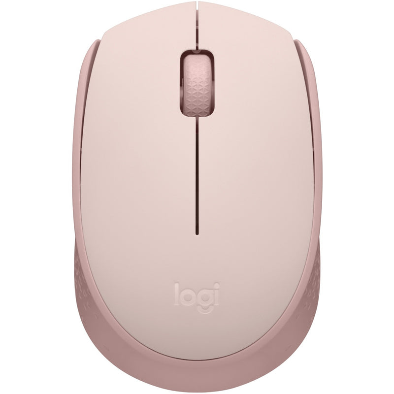 Top view of rose gold Logitech M170 wireless mouse showing sleek design and scroll wheel