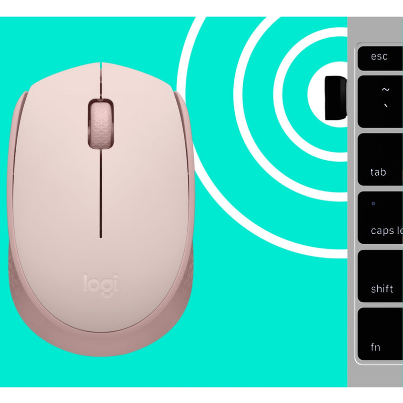 Rose gold M170 mouse with wireless signal visualization on turquoise background