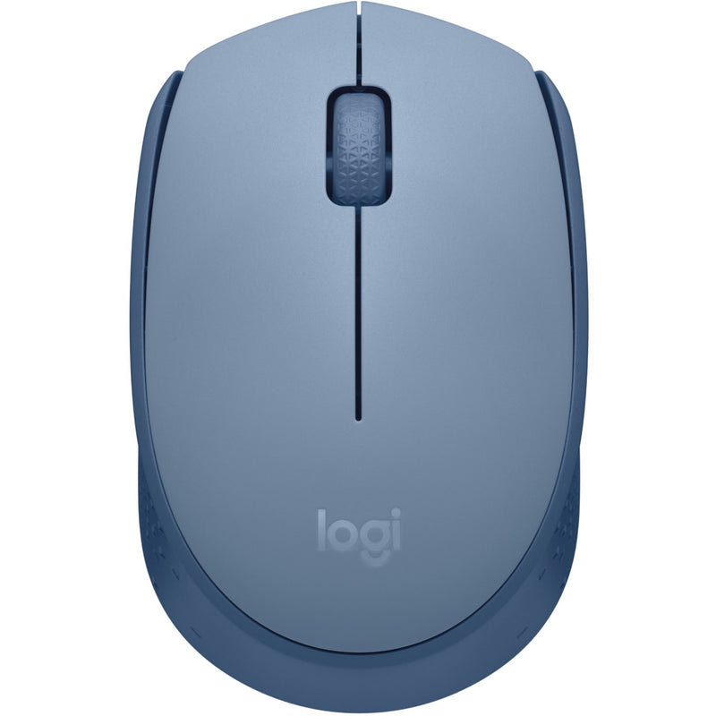 Top view of Logitech M170 wireless mouse in blue-gray color showing clean design and scroll wheel