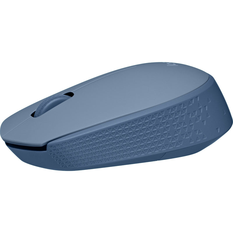 Angled view of Logitech M170 mouse highlighting its curved design and textured surface