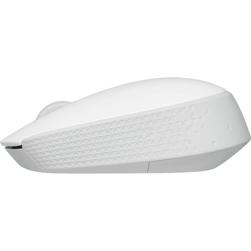 Side view of Logitech M170 wireless mouse showing ergonomic profile and textured grip pattern