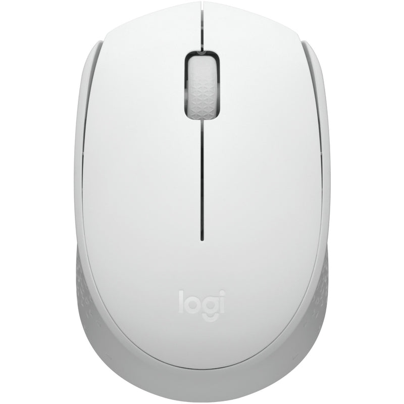 Top view of Logitech M170 wireless mouse in off-white color showing scroll wheel and minimalist design