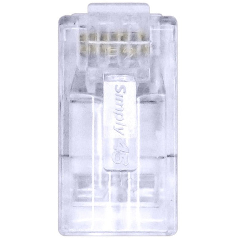 Front view of transparent Simply45 RJ45 connector showing internal construction and branding