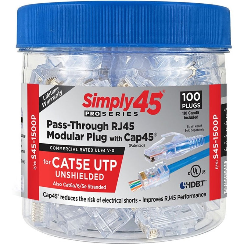 Clear jar containing Simply45 ProSeries RJ45 modular plugs with blue cap showing product packaging and specifications