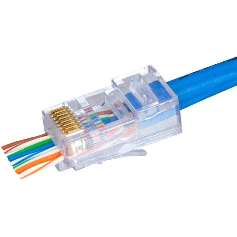 Detailed view of RJ45 connector showing pass-through wire arrangement and gold contacts