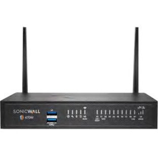 Front view of SonicWall TZ470W security appliance showing LED indicators, USB port, and dual wireless antennas-alternate-image1