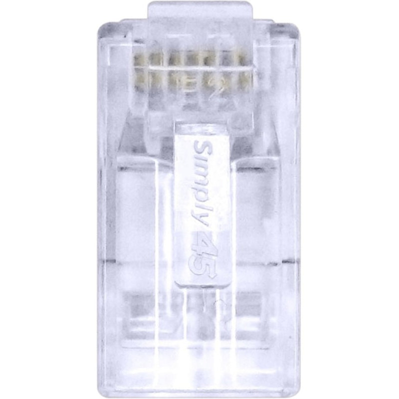 Close-up view of Simply45 RJ45 connector showing transparent housing and branding