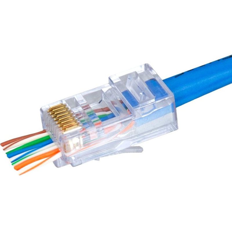 Detailed view of Simply45 RJ45 connector showing wire alignment and gold-plated contacts