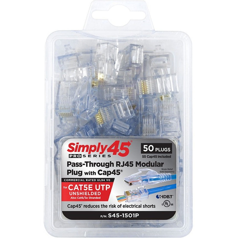 Simply45 PRO Series 50-pack of RJ45 modular plugs with Cap45 technology in clear clamshell packaging