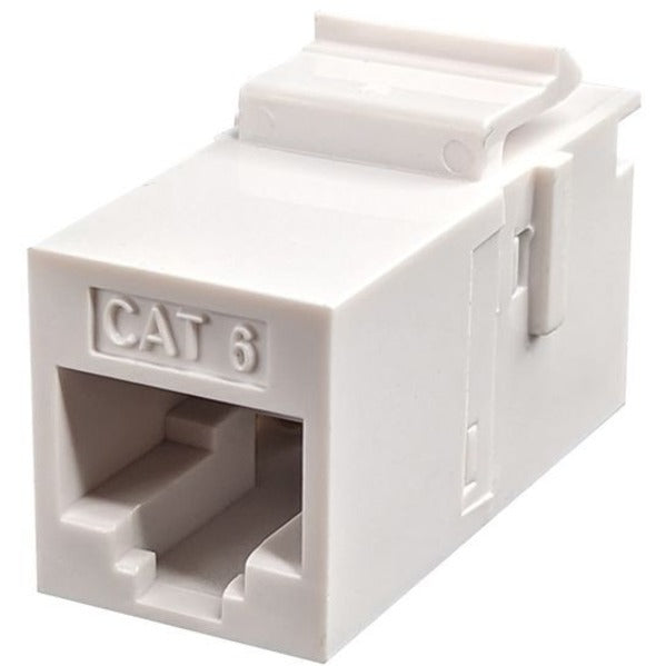 Angled view of white Cat6 keystone coupler showing RJ45 port and mounting mechanism