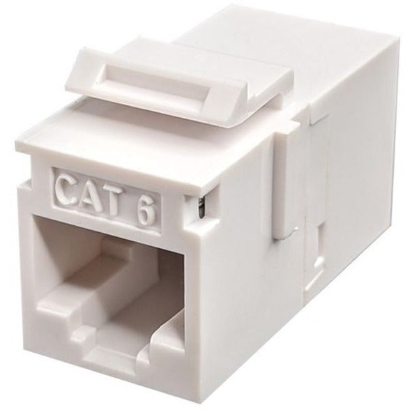 White Cat6 unshielded keystone feed-through coupler with RJ45 female connector and CAT6 marking