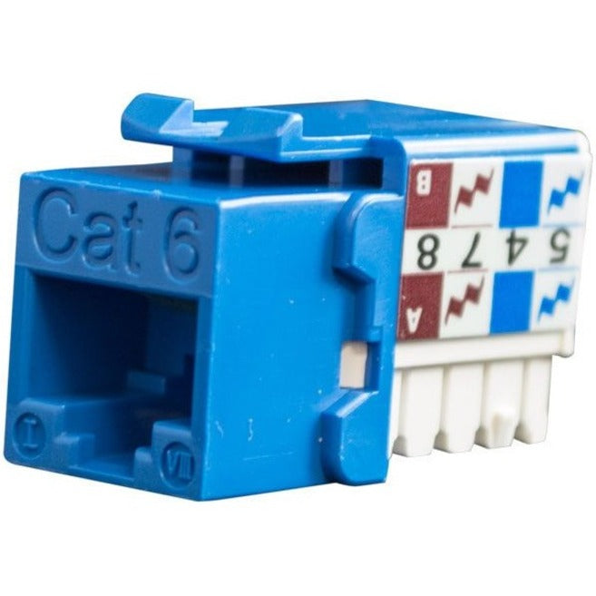 Blue Cat6 keystone jack with 90-degree angle design showing punch down terminal and RJ45 port