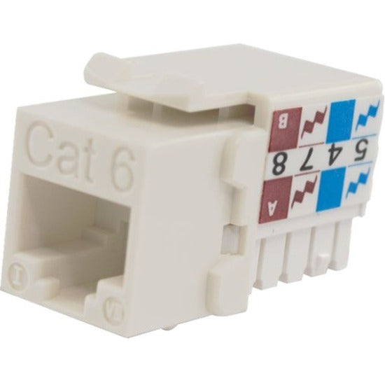 White Cat6 keystone jack with 90-degree angle design showing color-coded wiring scheme and Cat6 embossed marking