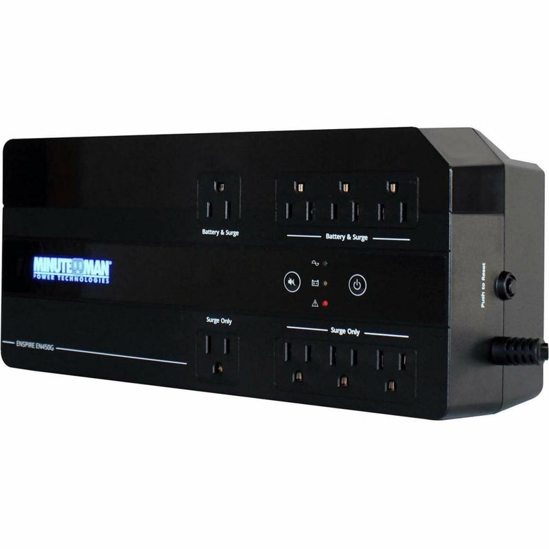 Minuteman EN450G UPS showing 8 outlets divided between battery backup/surge protection and surge-only sections, with LED display and control interface