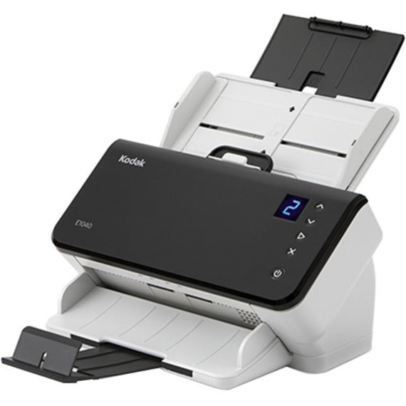 Kodak E1040 document scanner with extended paper trays showing side view of digital display and document feeder-alternate-image1