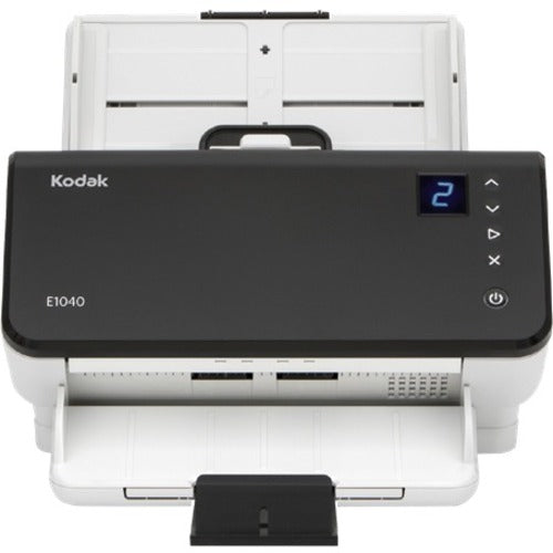 Front view of Kodak E1040 scanner showing control panel interface and document feeding system