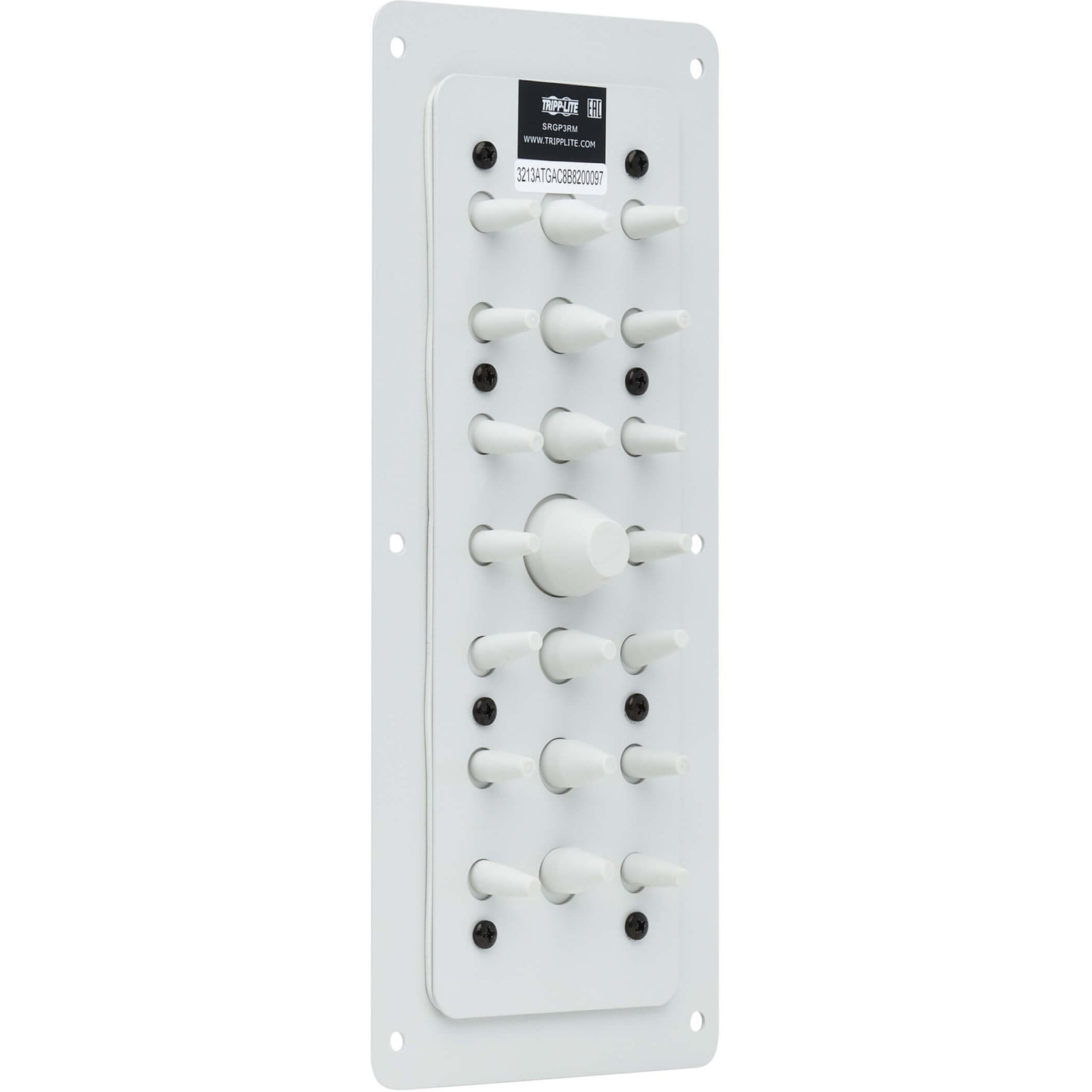 Front view of Tripp Lite SRGP3RM cable entry plate showing 21 white membrane ports and mounting holes-alternate-image1