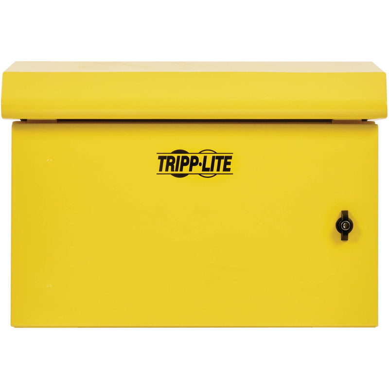 Front view of yellow industrial enclosure showing Tripp Lite branding and security features