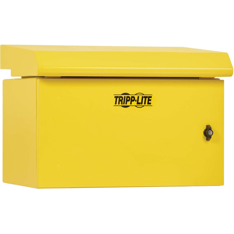 Tripp Lite SRN3RY6U yellow industrial rack enclosure with protective overhang and keyed lock