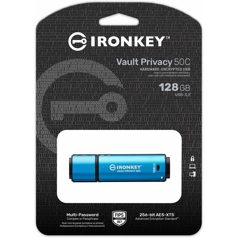 Kingston IronKey Vault Privacy 50C retail packaging with security features and certifications displayed